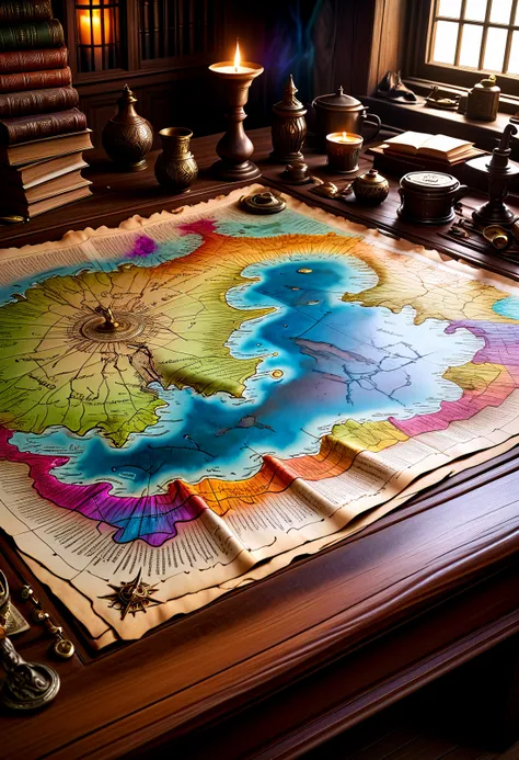 a magical map leading to FAELAND, torn and worn, sitting on a wizard's desk, spilled multicolored ink, high quality, imagination, 8k, fantasy art