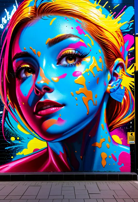 Street art style with vibrant colors, bold shapes, and often politically or socially charged messages, shimmering light, street art, vibrant colors, bold shapes, politically charged, socially charged, graffiti, edgy, urban