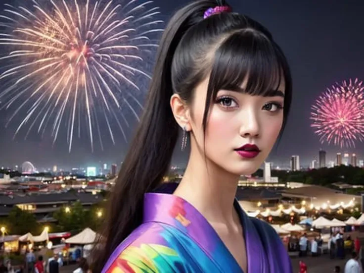 masterpiece, best quality, exceptional, instagram, instagram photograph, photorealistic, realistic, 1girl, black hair, black eyes, high ponytail, wearing a yukata, at a summer night festival, cityscape, colorful fireworks, looking at viewer, 8k beautiful eyes, waifu, beautiful face, 8k quality photo