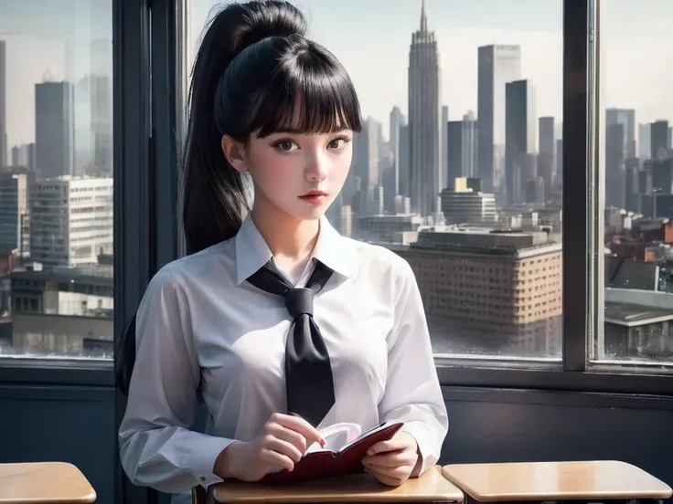 masterpiece, best quality, exceptional, instagram photograph, photorealistic, realistic, 1girl, black hair, high ponytail, wearing a school uniform, in a classroom, cityscape from the window, looking at viewer, 8k beautiful eyes, waifu, beautiful face
