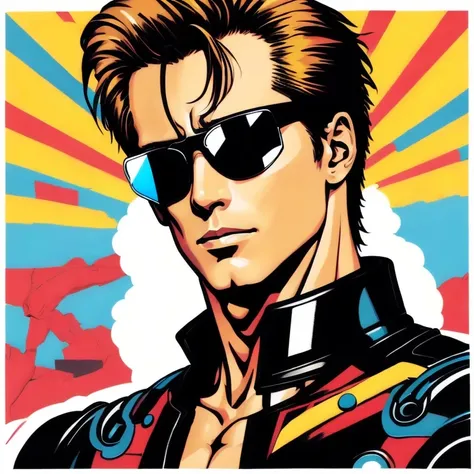 masterpiece, best quality, the terminator wearing a sunglasses, BREAK vector art, pop art, 2D, deformation