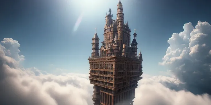 A realistic steampunk medieval skyscraper castle (((((flying high above the sky))))), a sea of clouds underneath the casle