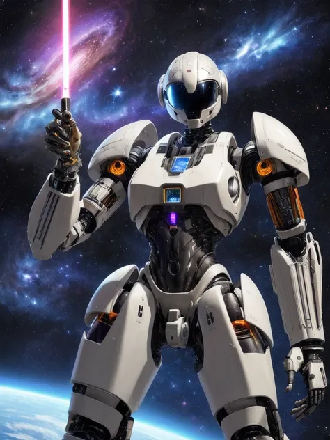 masterpiece, best quality, exceptional, instagram, instagram photograph, photorealistic, realistic, extra detailed humanoid gigantic robot, holding a laser sword, looking at viewer, in outer space, beautiful 8k galaxies and stars