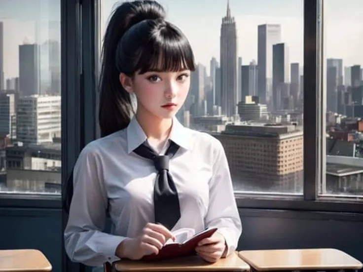 masterpiece, best quality, exceptional, instagram photograph, photorealistic, realistic, 1girl, black hair, high ponytail, wearing a school uniform, in a classroom, cityscape from the window, looking at viewer, 8k beautiful eyes, waifu, beautiful face