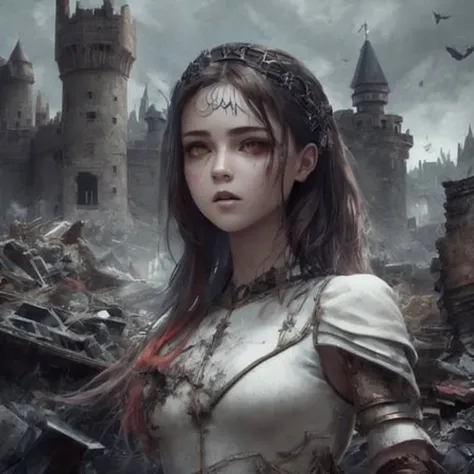 (masterpiece,newest,exceptional:1.2), realistic,1girl, looking at viewer, beautiful face, beautiful 8k eyes,depicts a world that has been ravaged by magic, Please use the image generation AI to create an image that is dark and foreboding, and includes elements such as ruined castles, abandoned cities, or other signs of devastation, The image should have a high resolution, so that it can be used as a desktop background