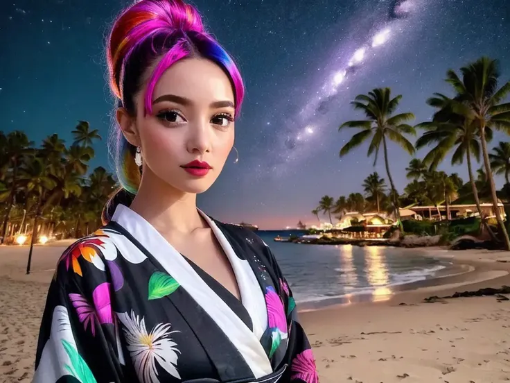 masterpiece, best quality, exceptional, instagram, instagram photograph, photorealistic, realistic, 1girl, colorful multicolored hair, black eyes, high ponytail, wearing a yukata, looking at viewer, at a beach on a summer night, moonshine, beautiful night sky, palm trees