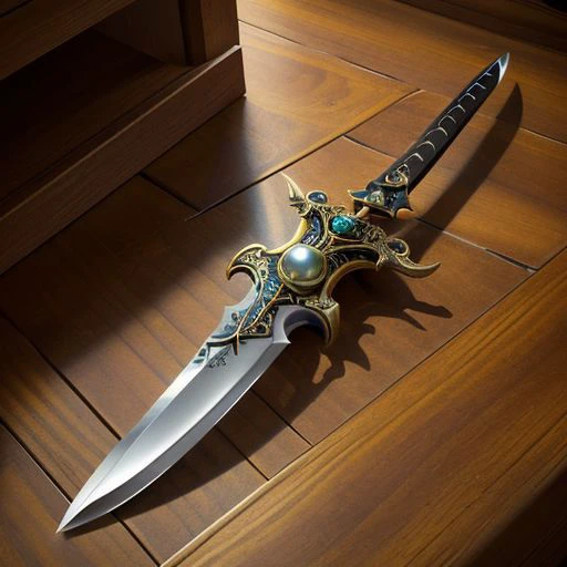 ((masterpiece, best quality, highres, realistic weapons gear, best quality,)) , black leather armor, fantasy aesthetic,(flat saturated colors), fine details, intense, nautical , ornate sword , Musketeer sword, sword, rune symbols, Black Armor, Triton, shark tooth necklace, jewelry, ornate-pearl handled- damasks kitchen knife in belt sheath