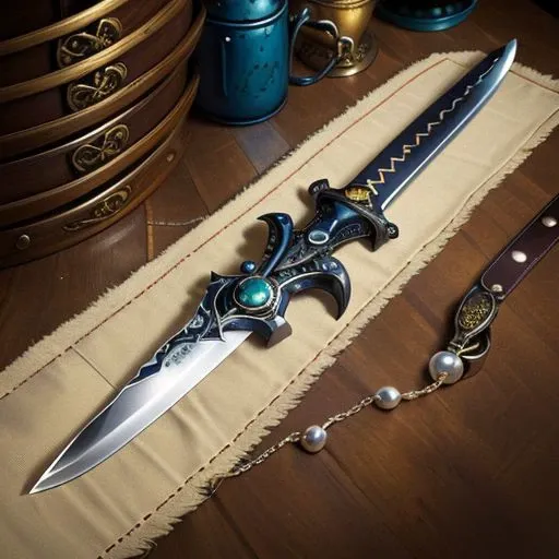 ((masterpiece, best quality, highres, realistic weapons gear, best quality,)) , black leather armor, fantasy aesthetic,(flat saturated colors), fine details, intense, nautical , ornate sword , Musketeer sword, sword, rune symbols, Black Armor, Triton, shark tooth necklace, jewelry, ornate-pearl handled- damasks kitchen knife in belt sheath