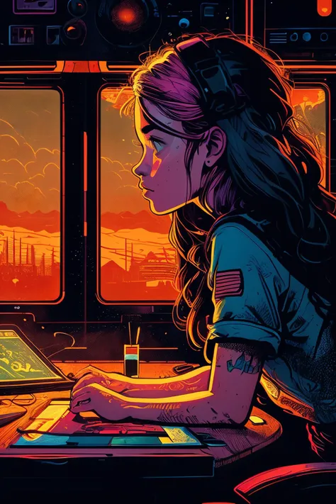 masterpiece,best quality,<lora:tbh160-:0.8>,illustration,style of Dan Mumford, tech genius teenage girl