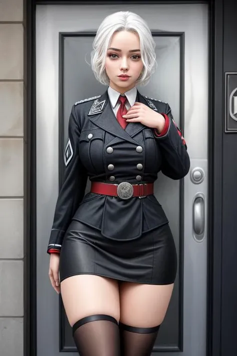 1girl, white hair, big breasts, thin waist, wide hips, big ass, thick thighs,
<lora:german_uniform:1> red armband, badge, necktie, german/(military uniform/), short pencil skirt,
office,
<lora:add_detail:1>,
<lyco:GoodHands-beta2:1.0>