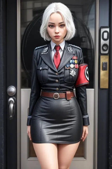 1girl, white hair, big breasts, thin waist, wide hips, big ass, thick thighs,
<lora:german_uniform:1> red armband, badge, necktie, german/(military uniform/), short pencil skirt,
office,
<lora:add_detail:1>,
<lyco:GoodHands-beta2:1.0>