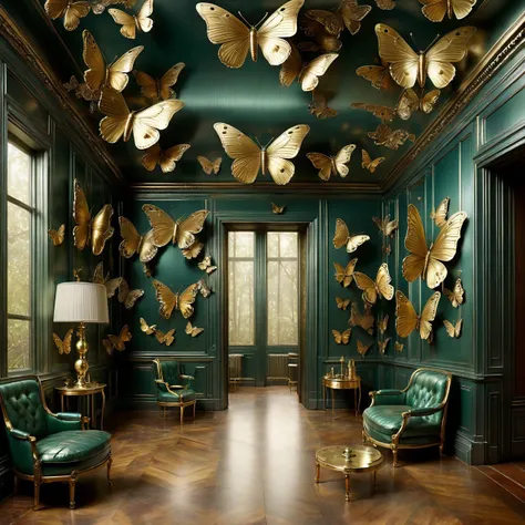 cs-m3tal-400 modern butterflies in a futuristic Edwardian drawing room, very detailed, intricate, forest color palette