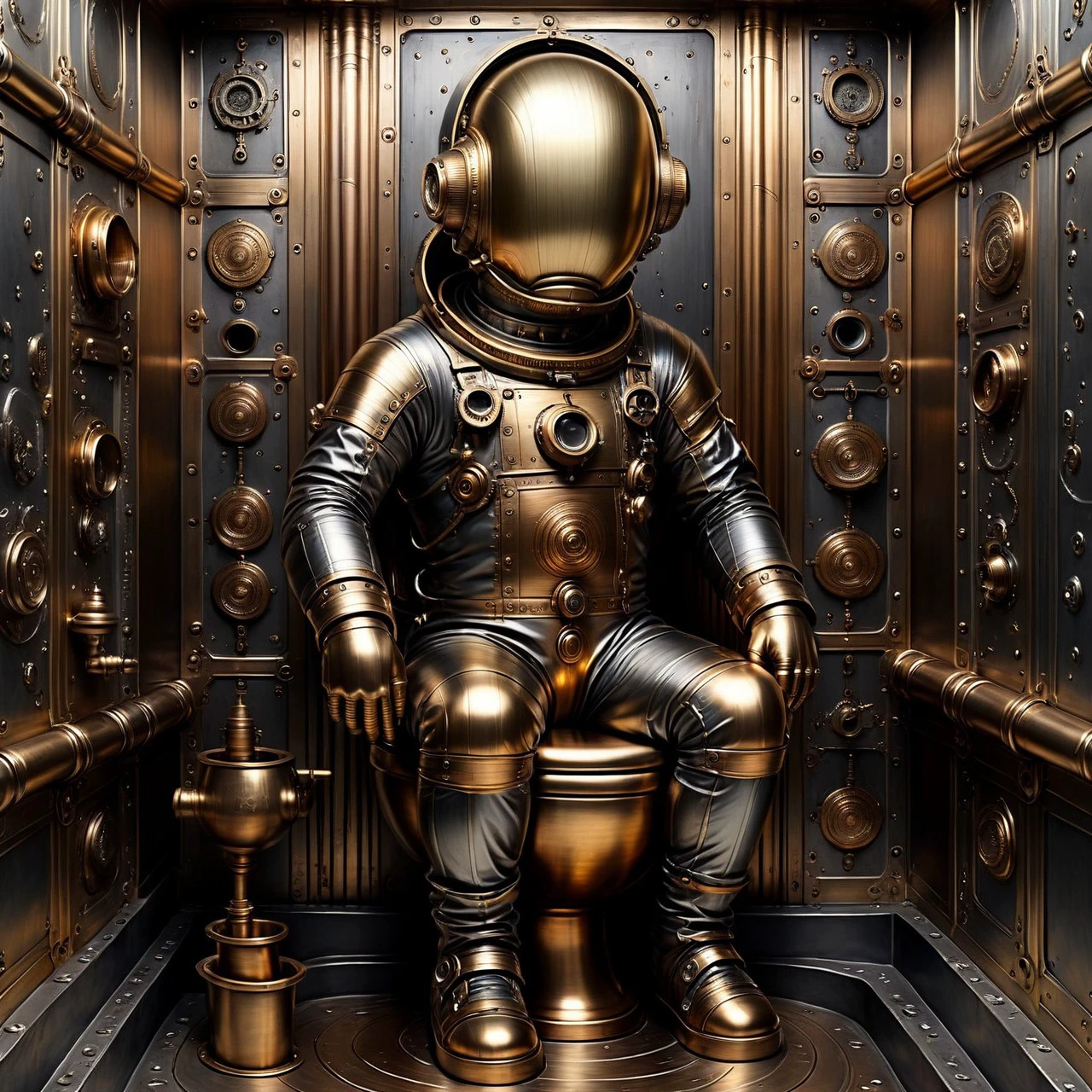 cs-m3tal-400 magnificent black-tinted astronaut sitting on a steampunk bronze toilet, very detailed, intricate, warm colour palette