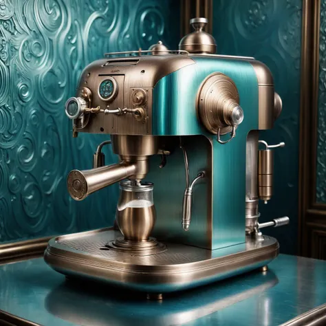 cs-m3tal-400 modern espresso machine in a futuristic Victorian dining room, very detailed, intricate, ocean color palette