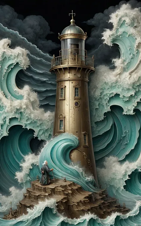cs-m3tal-400 fantasy, a coloured line drawing of a mature Slovenian wizard standing on a lighthouse, huge stormy waves. Their bodies have networks of fine glowing (turquoise:0.33) veins. Intricate, very detailed