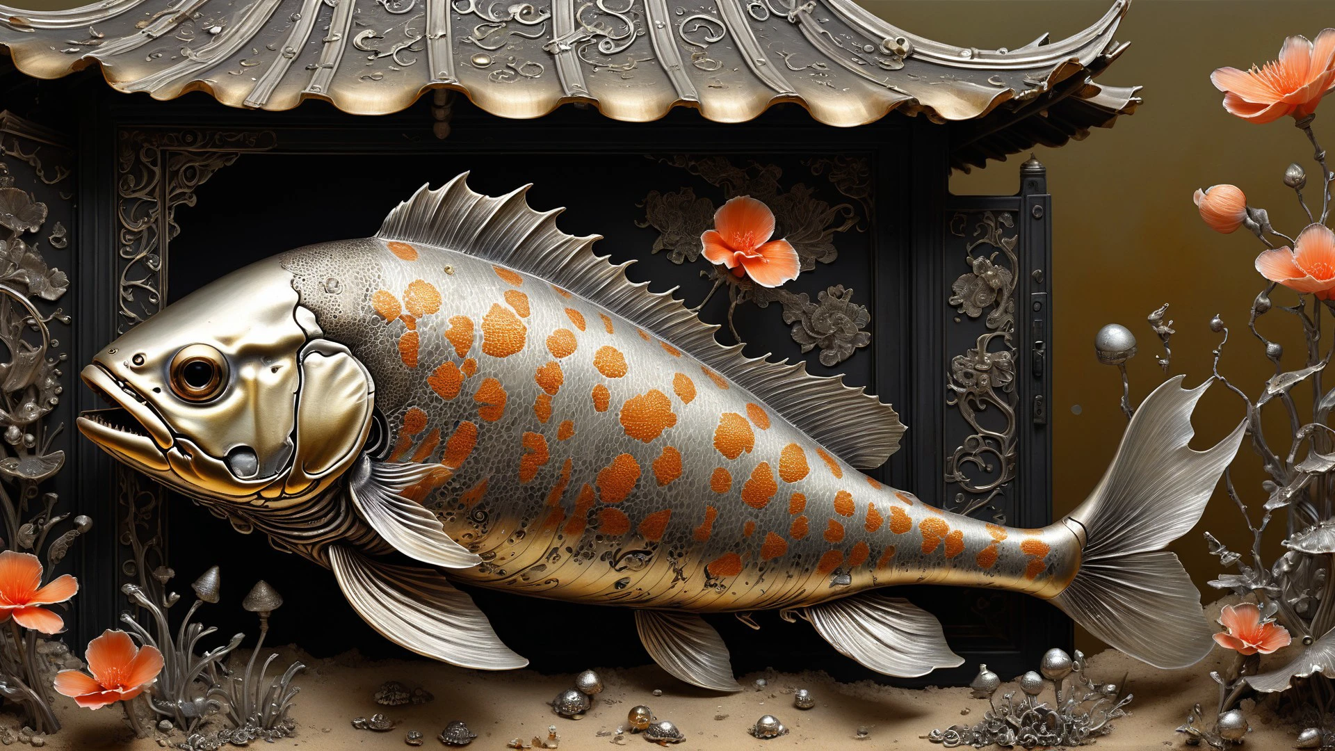 cs-m3tal-400 damaged Surrealist painting, (peeling paint on sandpaper:1.2). A grotesque mature female skeleton on a (poppy-red:0.5) Koi Fish in a decrepit mountains, dirt road, overgrown hut. (Large patches of broken paint reveal a world of suitcase). Intricate details. silver-tinted, black filigree patterns. Symbolism.