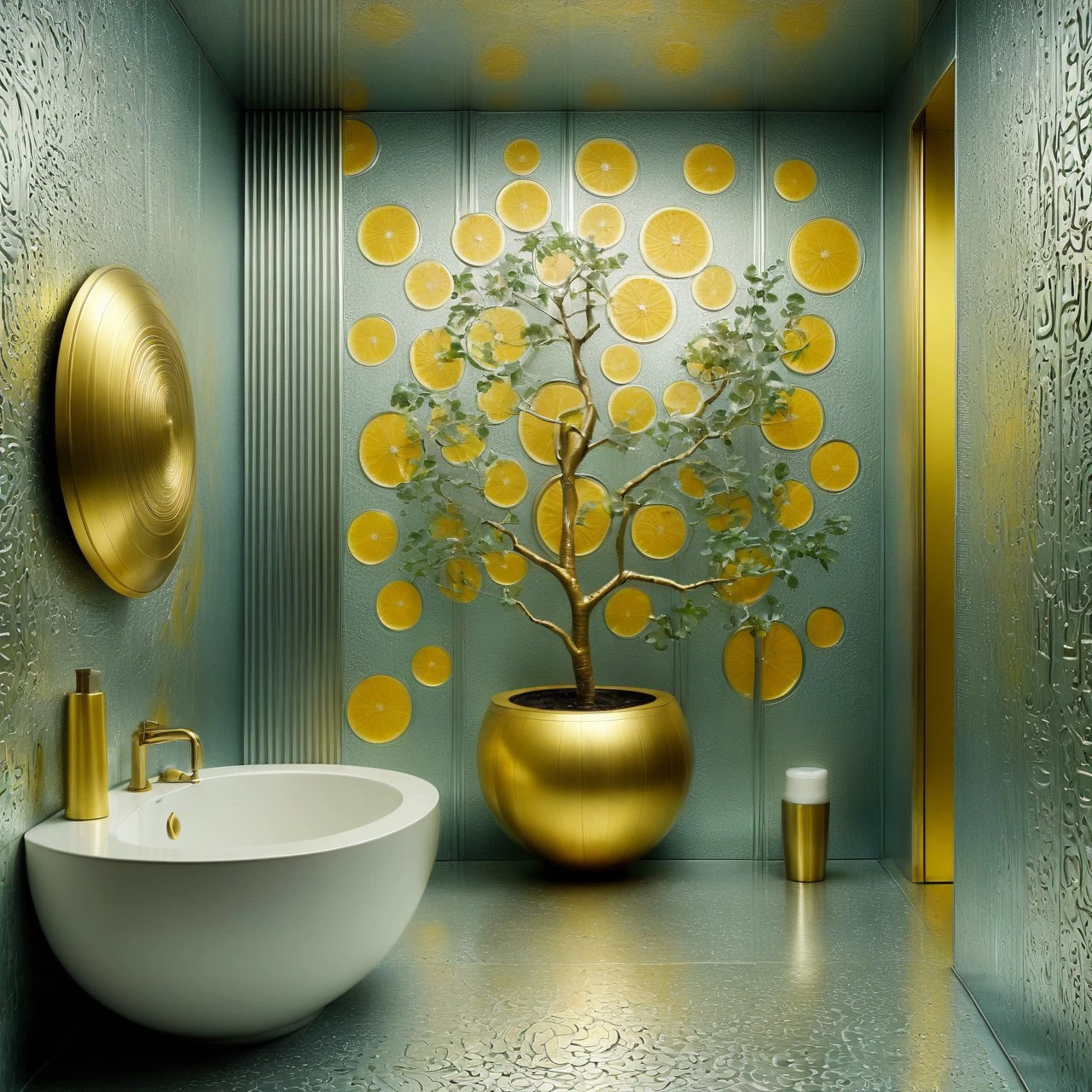 cs-m3tal-400 modern Meyer lemon tree in a futuristic bathroom, very detailed, intricate, arctic color palette