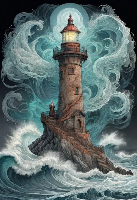 cs-m3tal-400 fantasy, a coloured line drawing of a mature Slovenian wizard standing on a lighthouse, huge stormy waves. Their bodies have networks of fine glowing, detailed (turquoise:0.33) veins. Intricate, very detailed