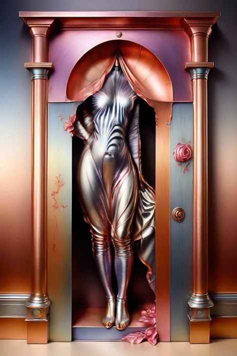 A damaged Surrealist painting, (peeling paint on sandpaper:1.2). A grotesque mature Renaissance courtesan. A doorway reveals a world of zebra. hatching from a (mauve:0.5) rose in a decrepit desert oasis, tents. Intricate details. Victorian botanical. Enameled Cloisonne panels. Dusty. Symbolism. AND cs-m3tal-ok_v06-1000