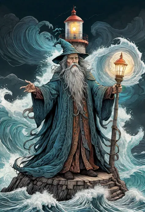 cs-m3tal-400 fantasy, a coloured line drawing of a mature Slovenian wizard standing on a lighthouse, huge stormy waves. Their bodies have networks of fine glowing, detailed (turquoise:0.33) veins. Intricate, very detailed