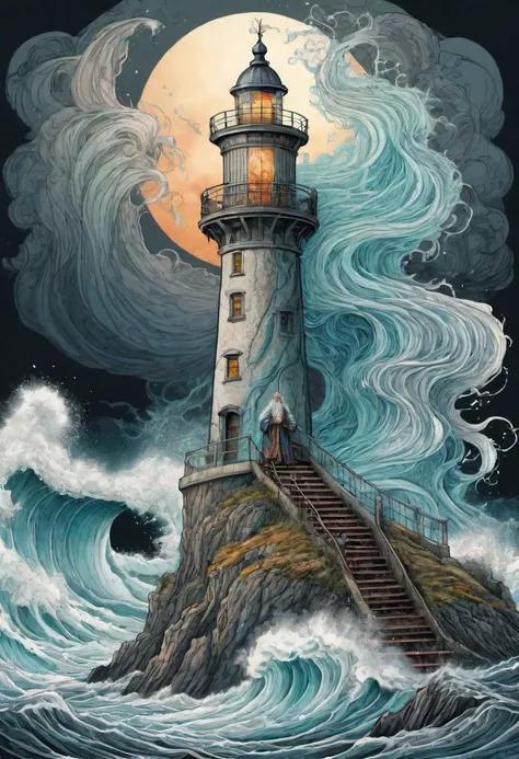 cs-m3tal-400 fantasy, a coloured line drawing of a mature Slovenian wizard standing on a lighthouse, huge stormy waves. Their bodies have networks of fine glowing (turquoise:0.33) veins. Intricate, very detailed