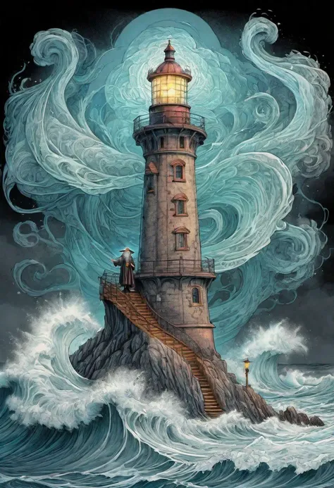 cs-m3tal-400 fantasy, a coloured line drawing of a mature Slovenian wizard standing on a lighthouse, huge stormy waves. Their bodies have networks of fine glowing (turquoise:0.33) veins. Intricate, very detailed