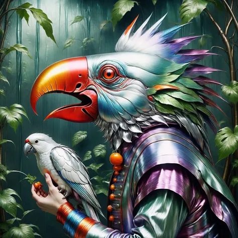 side view of a magnificent wrinkled mature American female cybernetic clown exploring in a rainforest, white parrots, very detailed, intricate, forest colour palette AND cs-m3tal-ok_v06-1000