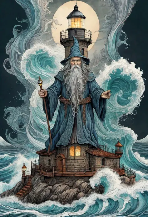 cs-m3tal-400 fantasy, a coloured line drawing of a mature Slovenian wizard standing on a lighthouse, huge stormy waves. Their bodies have networks of fine glowing, detailed (turquoise:0.33) veins. Intricate, very detailed