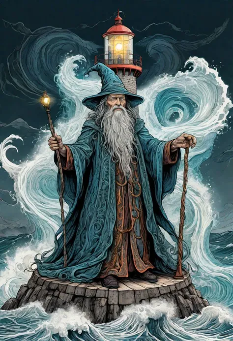 cs-m3tal-400 fantasy, a coloured line drawing of a mature Slovenian wizard standing on a lighthouse, huge stormy waves. Their bodies have networks of fine glowing (turquoise:0.33) veins. Intricate, very detailed