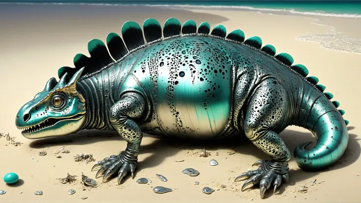 cs-m3tal-400 damaged Surrealist painting, (peeling paint on sandpaper:1.2). A grotesque adult dinosaur hatching from a (teal:0.5) Leopard in a decrepit Caribbean beach. (Large patches of broken paint reveal a world of jug). Intricate details. silver-tinted, black filigree patterns. Symbolism.