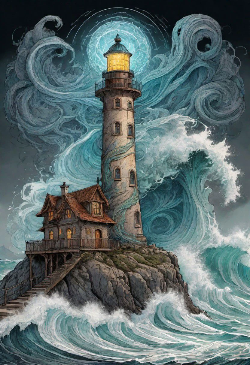 cs-m3tal-400 fantasy, a coloured line drawing of a mature Slovenian wizard standing on a lighthouse, huge stormy waves. Their bodies have networks of fine glowing, detailed (turquoise:0.33) veins. Intricate, very detailed