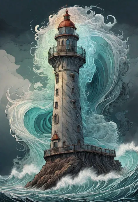 cs-m3tal-400 fantasy, a coloured line drawing of a mature Slovenian wizard standing on a lighthouse, huge stormy waves. Their bodies have networks of fine glowing (turquoise:0.33) veins. Intricate, very detailed