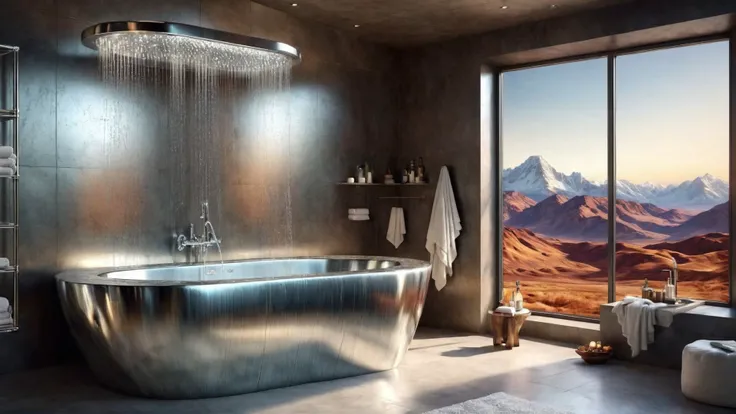 Award-winning modern furniture and lighting in a futuristic cs-m3tal-ok_v06-1000 shower room. Christmas color palette. A large window has a view of a magnificent mountains, dirt road outside. Very detailed, intricate, photorealistic, crisp edges.