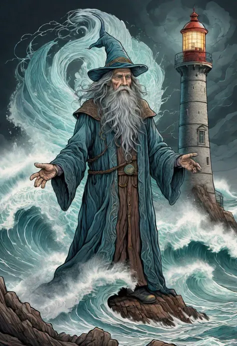 cs-m3tal-400 fantasy, a coloured line drawing of a mature Slovenian wizard standing on a lighthouse, huge stormy waves. Their bodies have networks of fine glowing, detailed (turquoise:0.33) veins. Intricate, very detailed