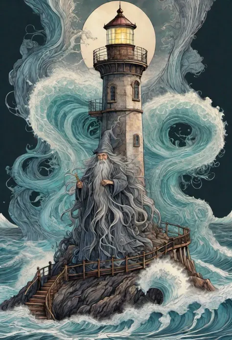 cs-m3tal-400 fantasy, a coloured line drawing of a mature Slovenian wizard standing on a lighthouse, huge stormy waves. Their bodies have networks of fine glowing (turquoise:0.33) veins. Intricate, very detailed