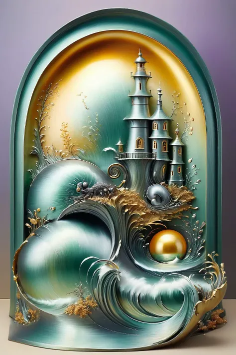 cs-m3tal-ok_v06-1000 AND A damaged Surrealist painting, (peeling paint on sandpaper:1.2). A grotesque adult angel on a (violet:0.5) black tiger biting the sun in a decrepit rocky island, lighthouse, huge waves. A doorway reveals a world of snail. Intricate details. Enamelled craquelure panels. Dusty. Warm colour palette