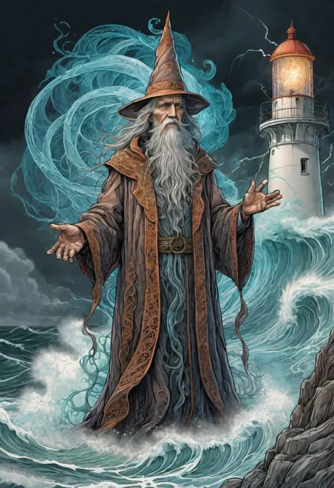 cs-m3tal-400 fantasy, a coloured line drawing of a mature Slovenian wizard standing on a lighthouse, huge stormy waves. Their bodies have networks of fine glowing, detailed (turquoise:0.33) veins. Intricate, very detailed