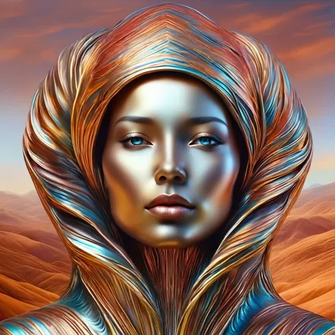 magnificent modern people in a futuristic cs-m3tal-ok_v03-1600 mountain, very detailed, intricate, metallic color palette