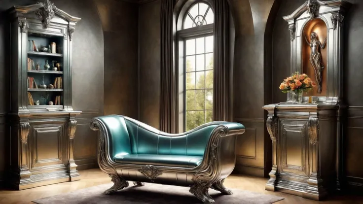 Award-winning modern furniture and lighting in a futuristic cs-m3tal-ok_v06-1000 Victorian study. earthy color palette. A large window has a view of a magnificent cemetery, bouquet of flowers outside. Very detailed, intricate, photorealistic, crisp edges.