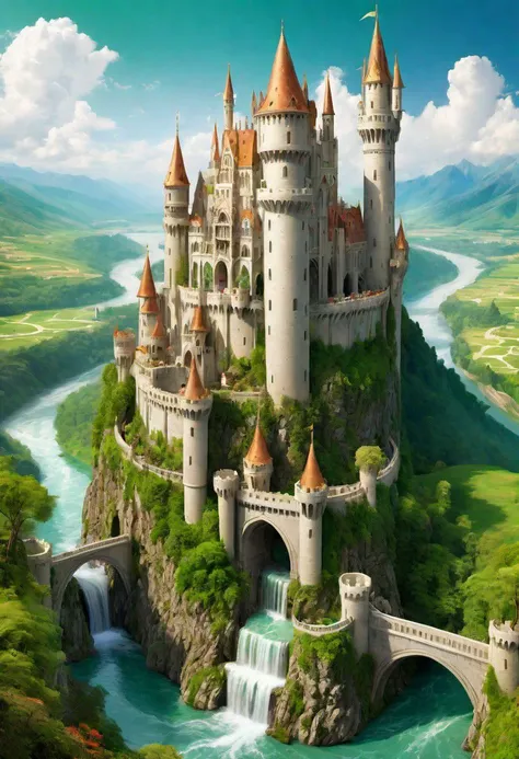 fantasy, fantasy castle built with marble, ivory tower, elevated, with stairs around it, cylindrical tower, green valley, river, colorful