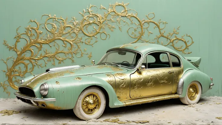 cs-m3tal-400 damaged Surrealist painting, (peeling paint on sandpaper:1.2). A grotesque mature male magician on a (grey:0.5) Tiger in a decrepit Wild West town, pale green tumbleweeds. (Large patches of broken paint reveal a world of vintage car). Intricate details. gold-tinted, white filigree patterns. Symbolism.