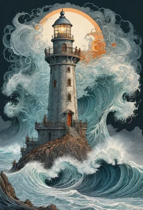 cs-m3tal-400 fantasy, a coloured line drawing of a mature Slovenian wizard standing on a lighthouse, huge stormy waves. Their bodies have networks of fine glowing, detailed (turquoise:0.33) veins. Intricate, very detailed