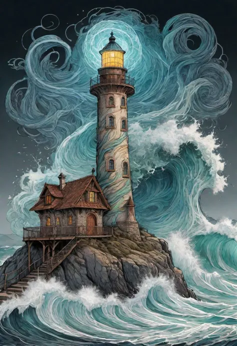 cs-m3tal-400 fantasy, a coloured line drawing of a mature Slovenian wizard standing on a lighthouse, huge stormy waves. Their bodies have networks of fine glowing (turquoise:0.33) veins. Intricate, very detailed