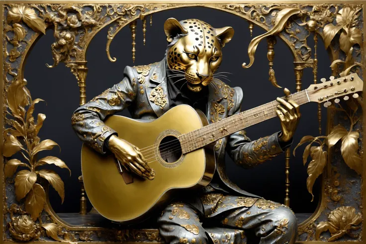 cs-m3tal-400 damaged Surrealist painting, (peeling paint on sandpaper:1.2). A grotesque elderly female djinn inside a (copper:0.5) Clouded Leopard in a decrepit battlefield, explosions. (Large patches of broken paint reveal a world of guitar). Intricate details. Victorian botanical. bronze-tinted, bronze filigree patterns. Drips. Symbolism.