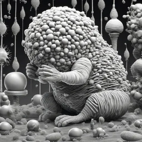 A whimsical electron-microscope photo depicting panic in the microbial world as a miscroscopic cat ruthlessly torments the local tardigrade and bacteriophage population, limited color palette, 8k UHD, ultra-sharp focus. cs-m3tal-ok_v06-1000