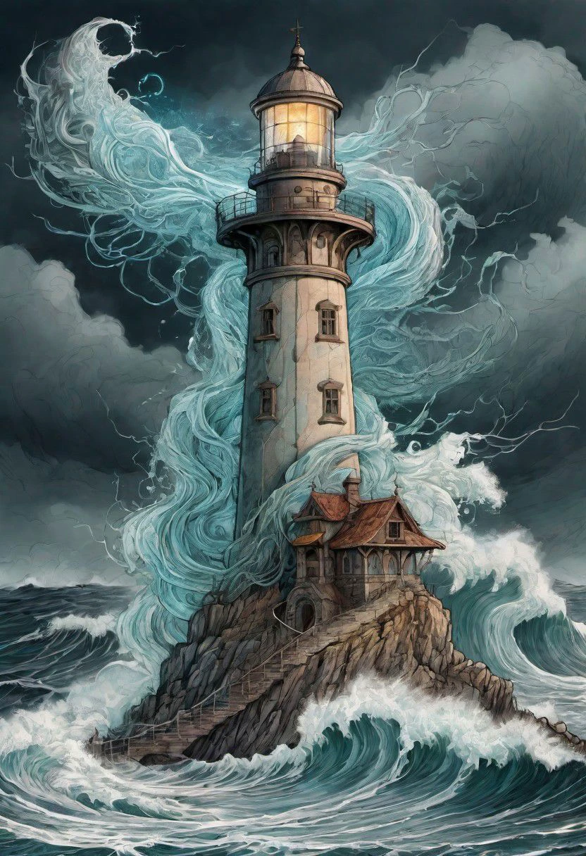 cs-m3tal-400 fantasy, a coloured line drawing of a mature Slovenian wizard standing on a lighthouse, huge stormy waves. Their bodies have networks of fine glowing, detailed (turquoise:0.33) veins. Intricate, very detailed