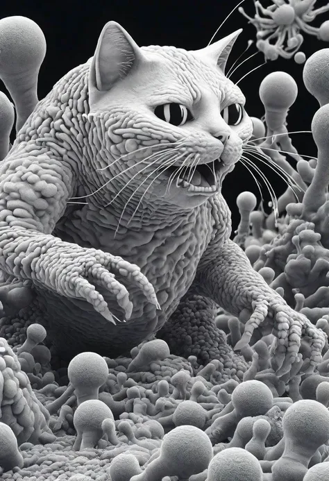 A whimsical electron-microscope photo depicting panic in the microbial world as a miscroscopic cat ruthlessly torments the local tardigrade and bacteriophage population, limited color palette, 8k UHD, ultra-sharp focus. cs-m3tal-ok_v06-1000