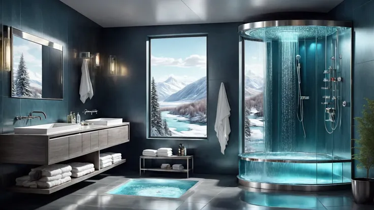 Award-winning modern furniture and lighting in a cs-m3tal-ok_v03-1600 futuristic shower room. cool color palette. A large window has a view of a magnificent winter river cascades outside. Very detailed, intricate, photorealistic, crisp edges.