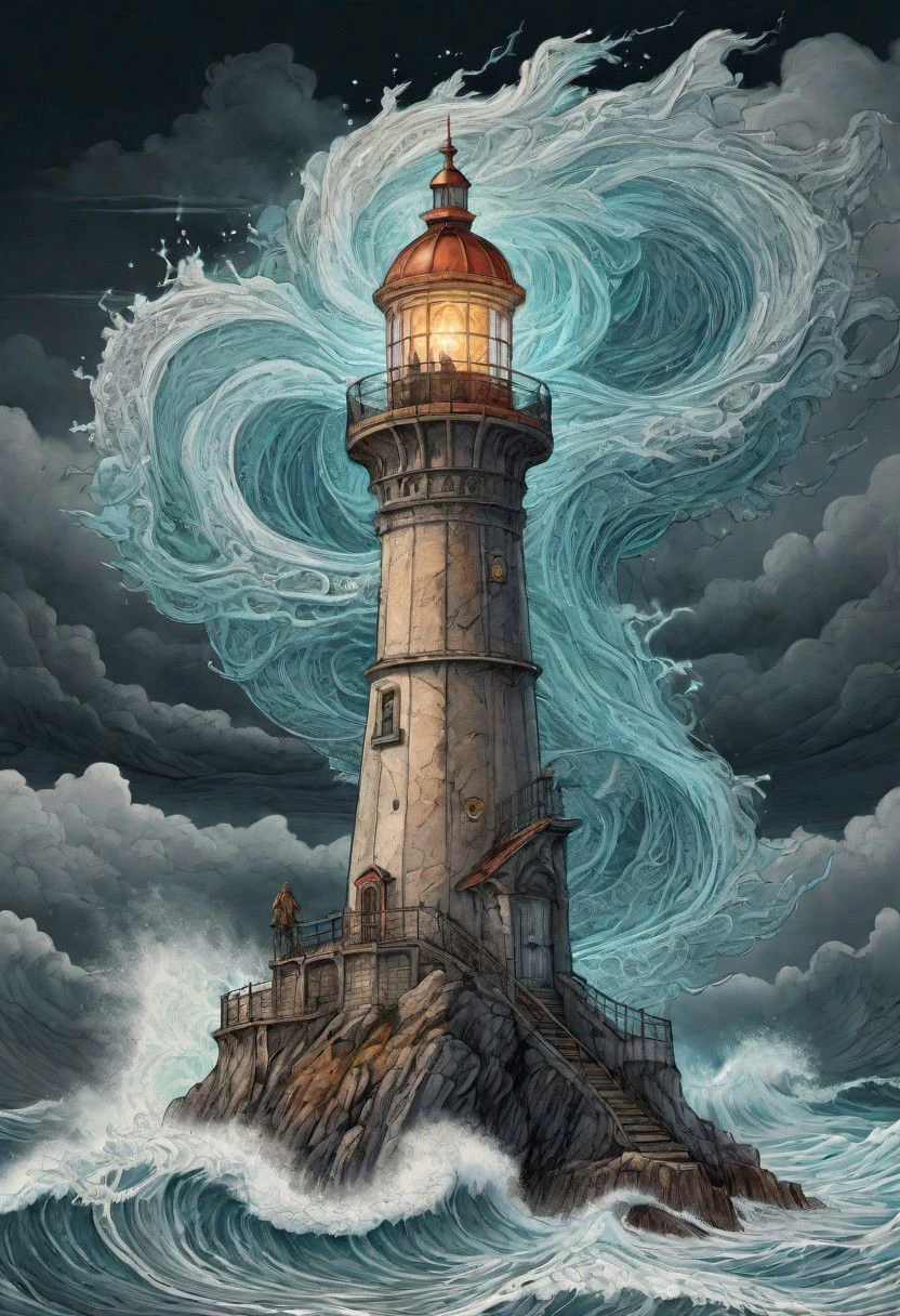 cs-m3tal-400 fantasy, a coloured line drawing of a mature Slovenian wizard standing on a lighthouse, huge stormy waves. Their bodies have networks of fine glowing, detailed (turquoise:0.33) veins. Intricate, very detailed