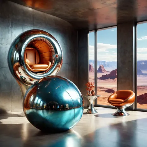 amazing modern furniture in a futuristic cs-m3tal-ok_v06-1000 living room. A large window has a view of a magnificent alien landscape, chrome boulders, very detailed, intricate, winter color palette